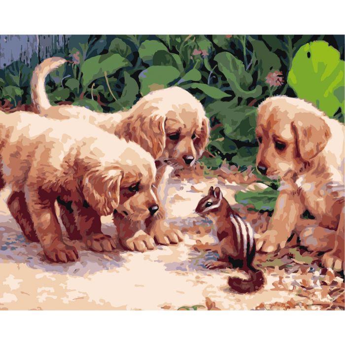 Картина по номерам Ідейка Щенки и бурундучек 1 40х50 см (KHO1132)