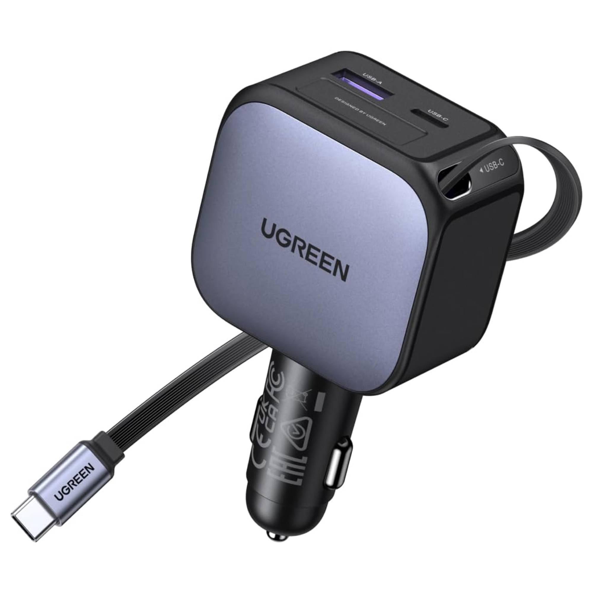 Зарядное устройство автомобильное UGREEN EC603 90 Вт USB-A 2хUSB-C 70 с выдвижным кабелем Серый (55909B)