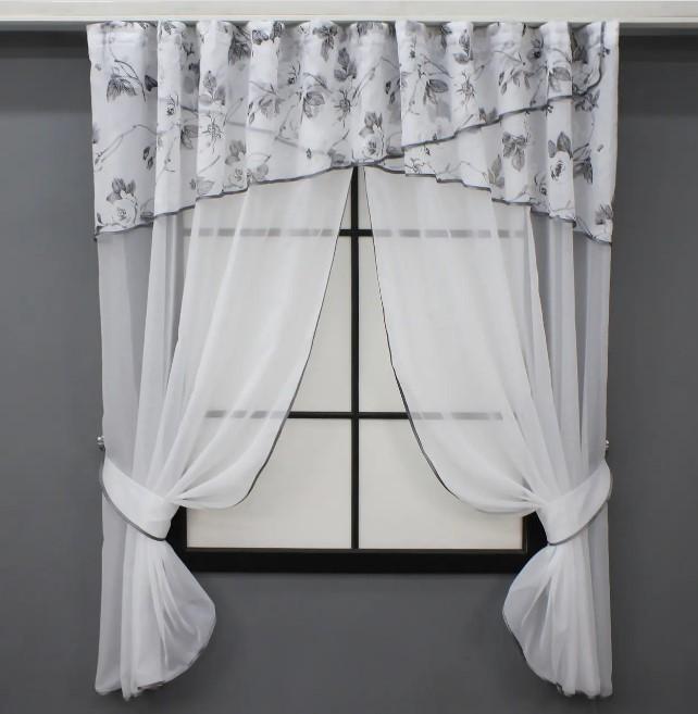 Комплект штор на кухню с ламбрекеном 280х170 см Белый/Серый (091к 52-1031)