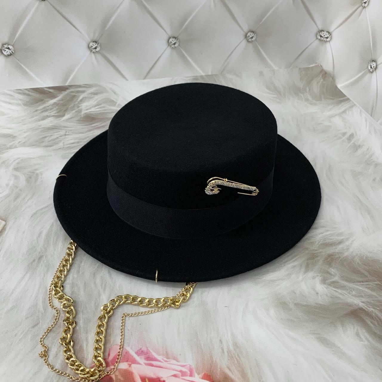 Капелюх канотьє фетровий Rebel Chic Hat з пірсингом/шпилькою/ланцюжками з вовни Чорний - фото 8