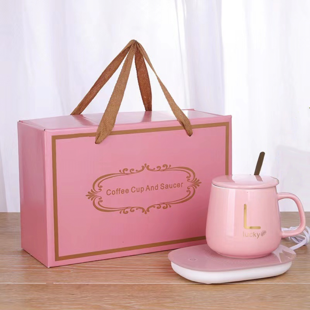 Подарунковий набір керамічна чашка 380 мл з підігрівом від мережі/кришка/підставка та ложка Рожевий (Е500283)