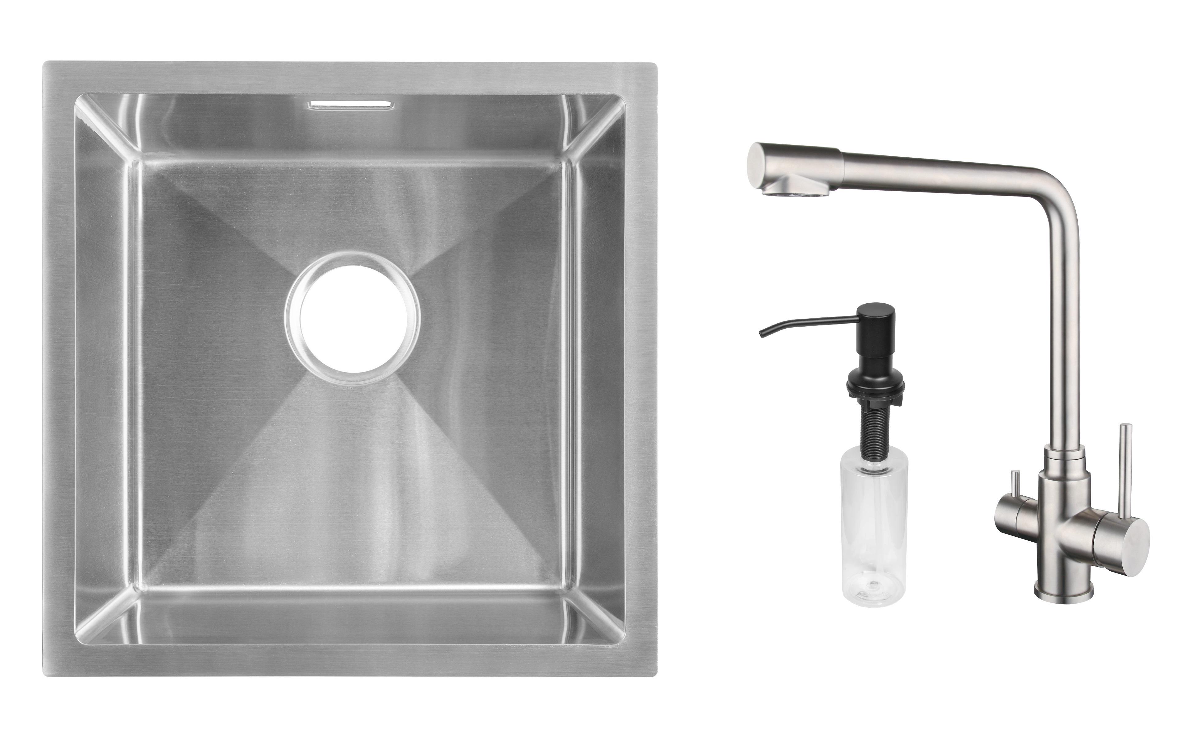 Комплект из кухонной мойки Gunter&Hauer Olef 4522 Inox кухонного смесителя Gunter&Hauer LUFT Br и дозатора Gunter&Hauer SOAP DISPENSER Black