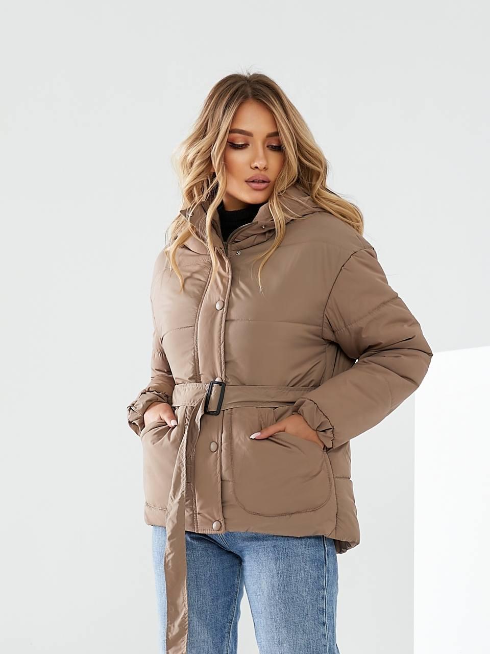 Куртка утеплена Khan коротка з поясом р. 42 Каваовий з молоком (Kh332) - фото 3