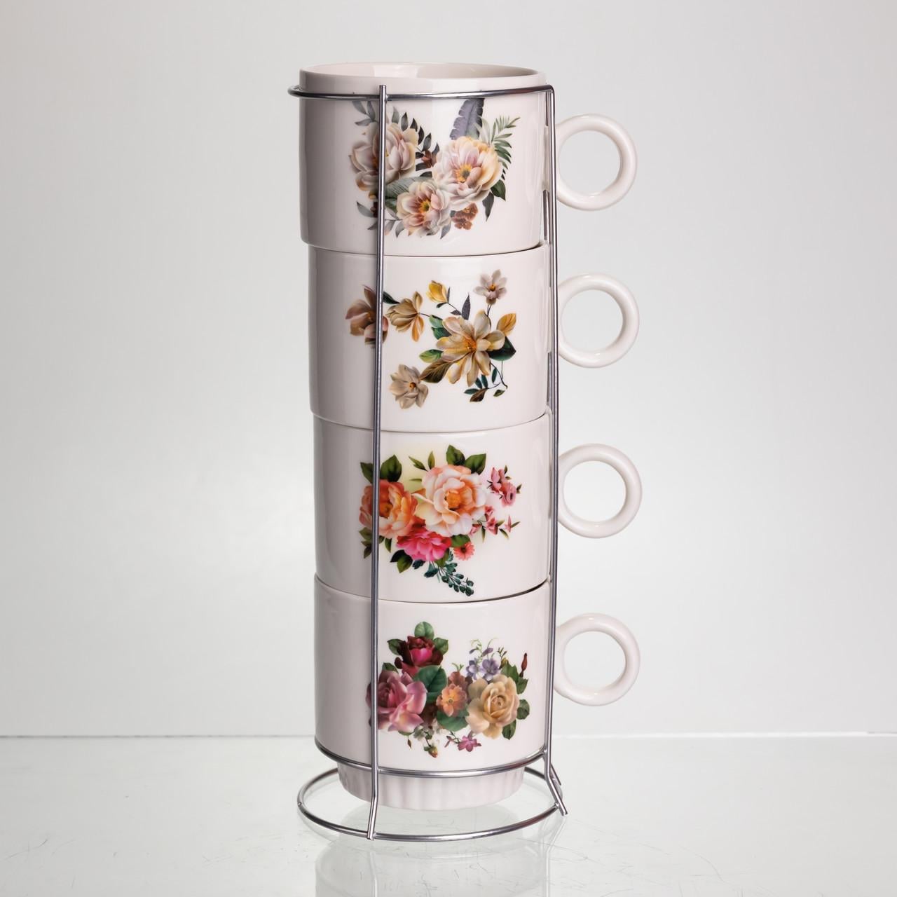 Набір порцелянових чашок на підставці Light House LG-30158 WT Flower 4 шт. по 300 мл Білий