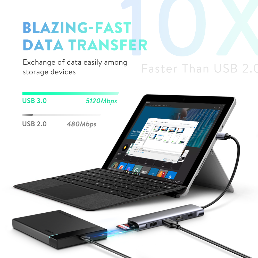 USB-хаб UGREEN USB-C to 2 Ports USB3.0-A Hub + HDMI + TF/SD с PD Power Supply Space Gray (UGR-70411) - фото 7