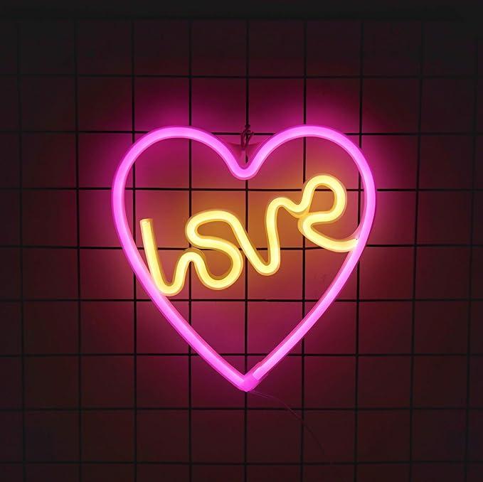 Неоновий світильник настільний Серце LOVE на підставці на батарейках/USB 26х28 см Жовто-рожевий