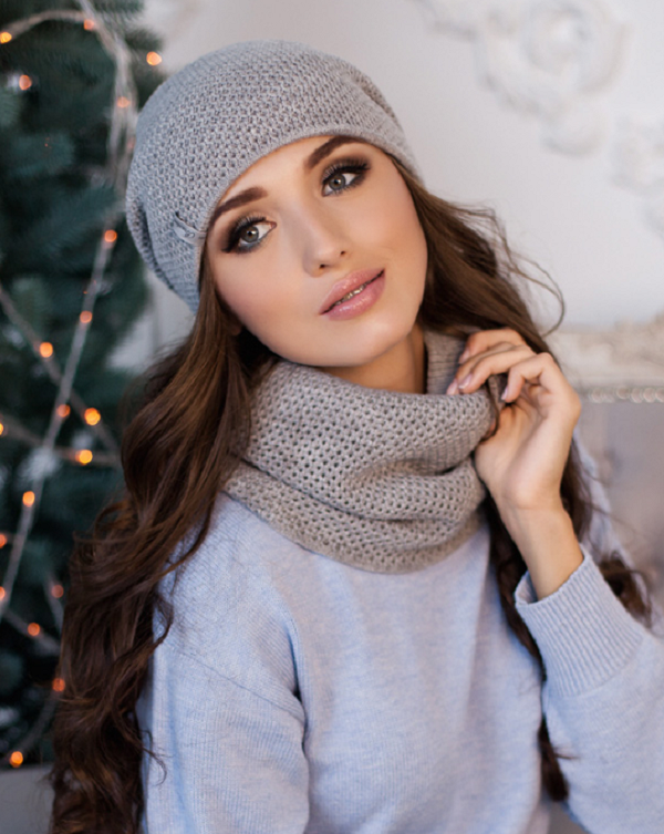 Комплект вязаная шапка и хомут женский Braxton Жаклин Светло-серый (551W) - фото 1