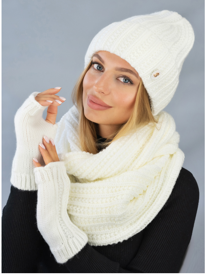 Комплект шапка со снудом и митенками женский Braxton Юная Белый (830W) - фото 1