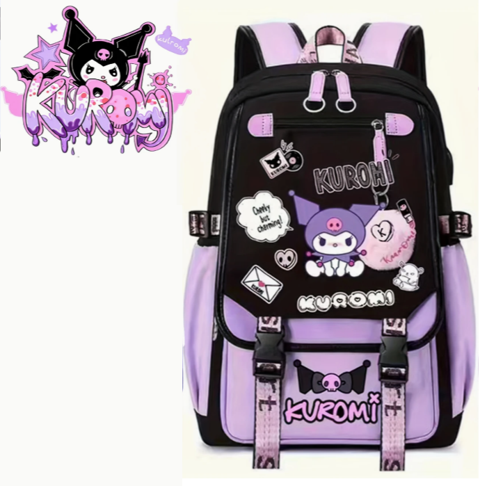 Школьный рюкзак для девочки KUROMI в японском стиле с помпоном и USB-кабелем (991944488) - фото 3 Школьный рюкзак для девочки KUROMI в японском стиле с помпоном и USB-кабелем (991944488) - фото 3