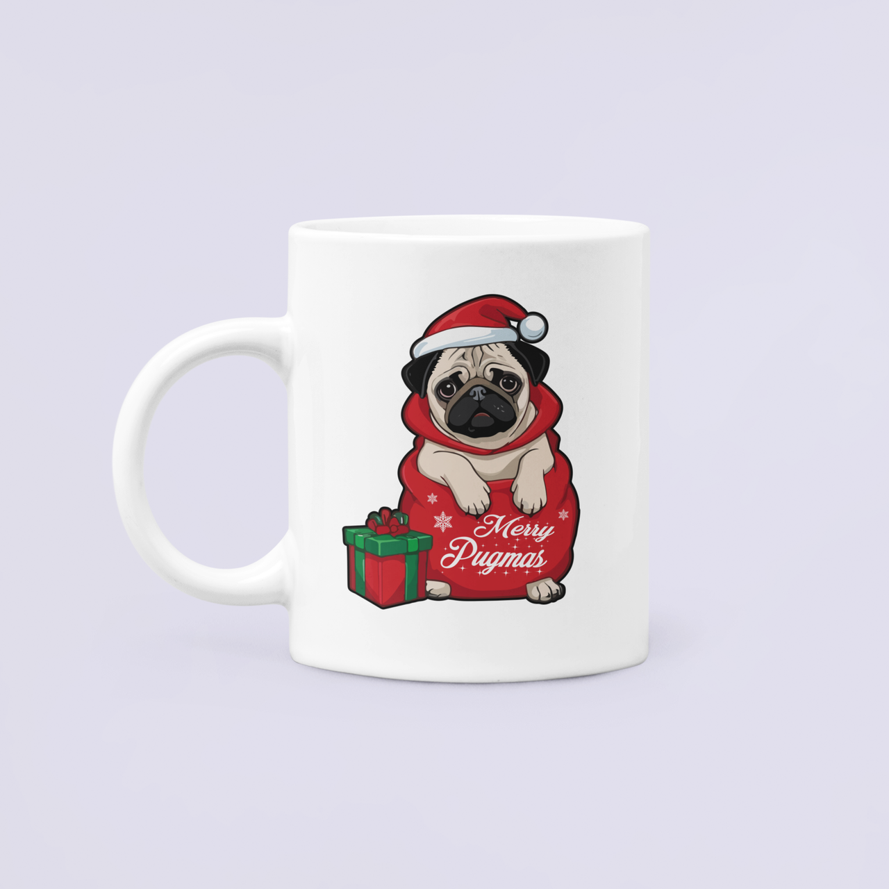 Чашка керамічна з принтом "Merry Pugmas" мопс Санта 330 мл Білий