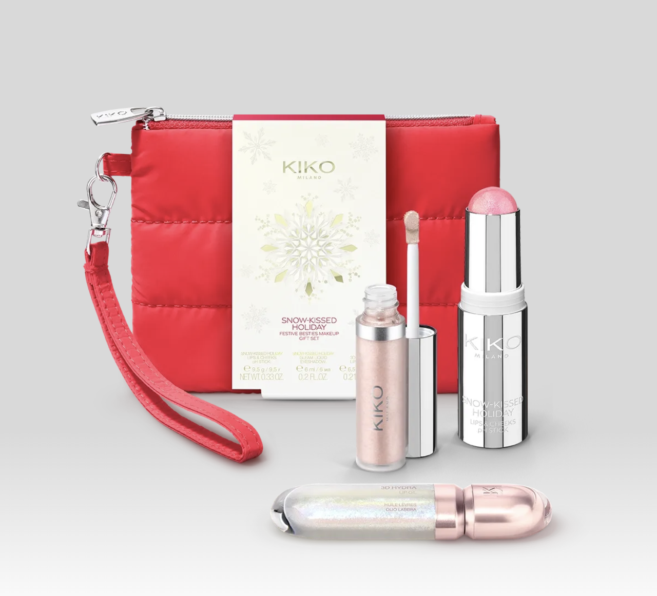 Набір косметики Kiko Milano Snow-Kissed Holiday Festive Besties Make Up Gift Set олійка для губ,стік для губ і щік/рідкі тіні/косметичка 4 од.