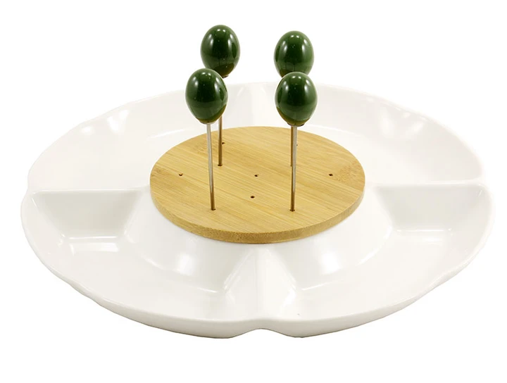 Менажниця порцелянова Interos 4 секційна з 4 шпажками 24,5 см Білий (PJ01866)