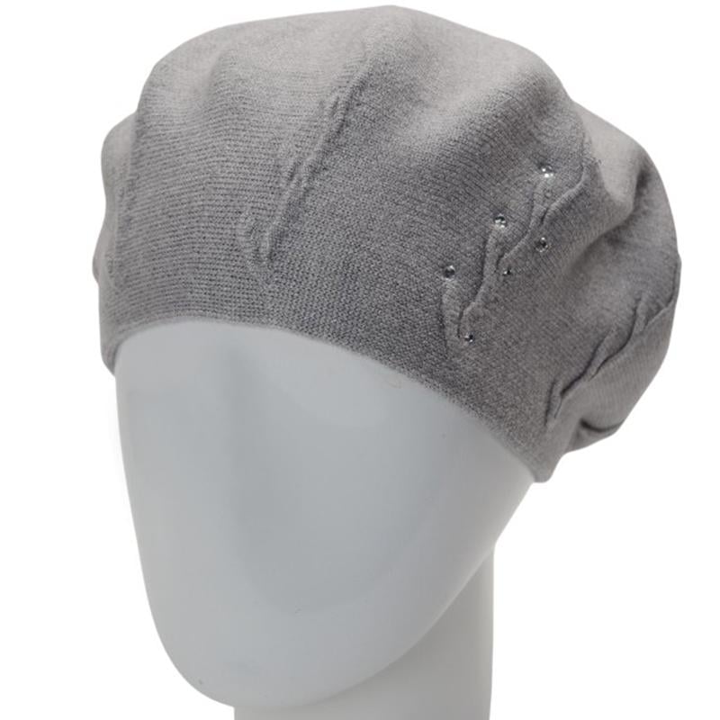 Берет женский Novita Ветка двойной с аккуратным узором сбоку и стразами one size Серый меланж (281860)