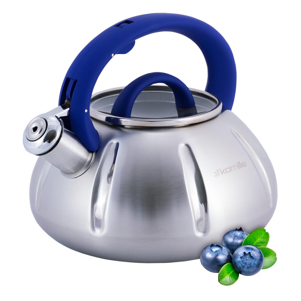 Чайник зі свистком та скляною кришкою Kamille KM-0671 із нержавіючої сталі 3 л Сталевий/Синій (150-84-0671.1) - фото 7