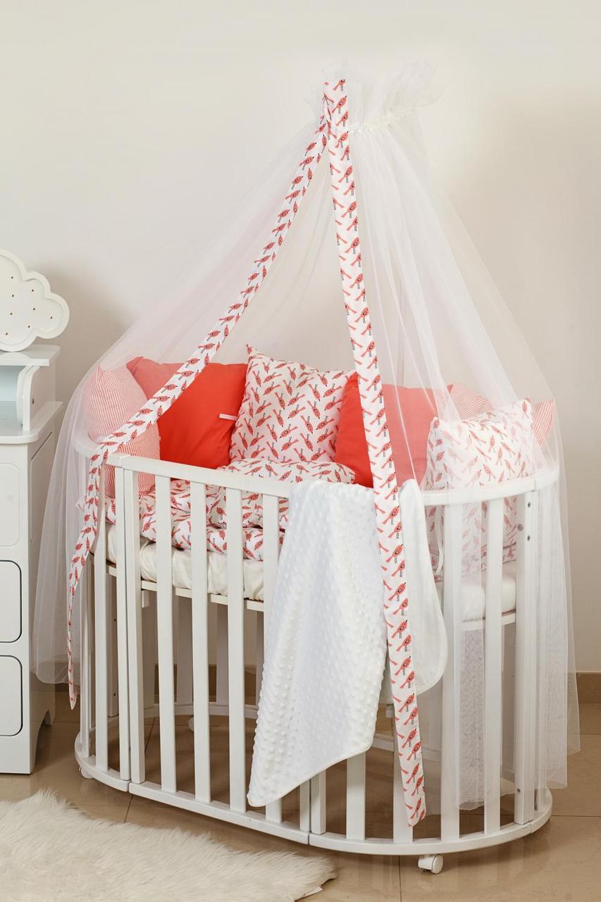 Комплект постельного белья детский Twins Dolce Птички для круглой кроватки 8 элементов Коралловый