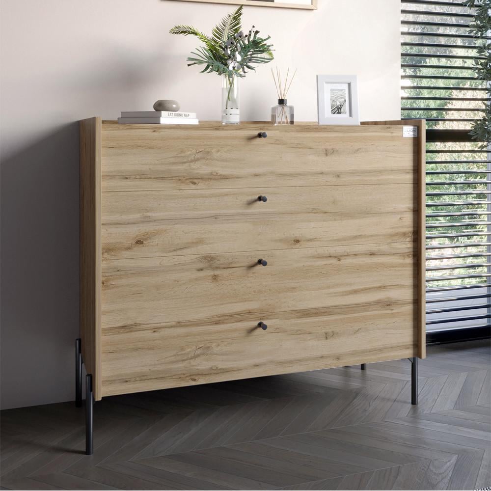 Комод із 4 шухлядами Lion Wood із чорними ніжками 100х90х45 см Дуб Аппалачі (Lion-042977)