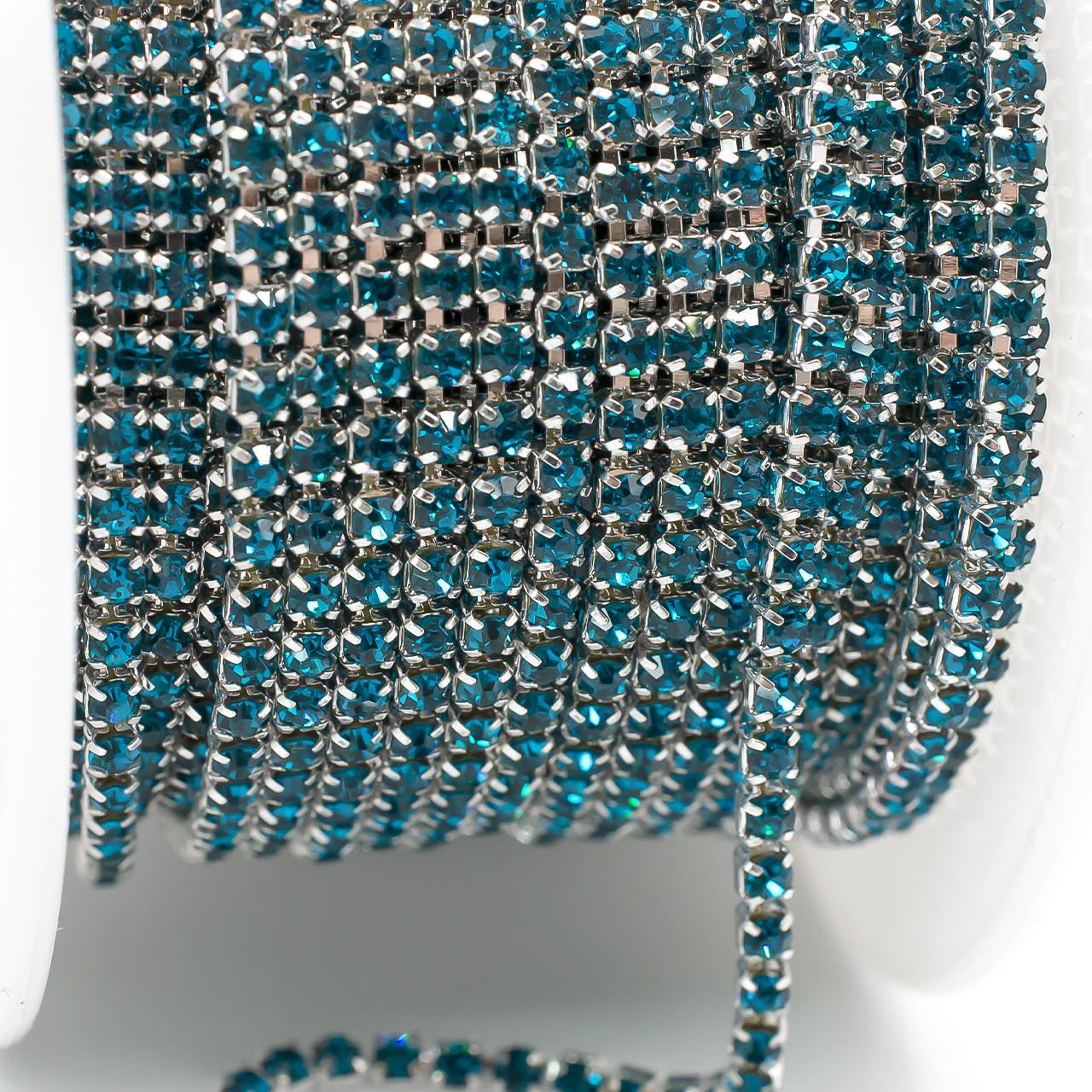Цепь стразовая SS6 2 мм 1 м Aquamarine dark silver (ЦС0602с32)