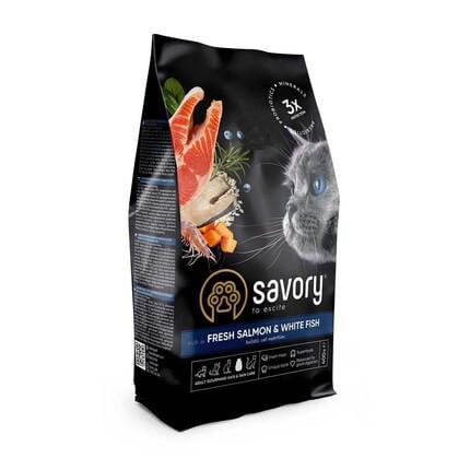 Корм для кошек сухой Savory Cat Gourmand Fresh Salmon&White Fish Лосось и белая рыба для взрослых длинношерстных 400 г (30013)