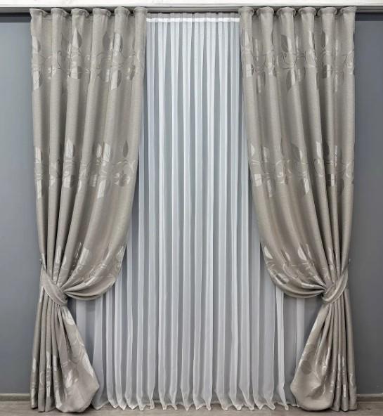 Шторы лен рогожка Листья 1,5х2,75 м 2 шт. Светло-серый (1688ш 33-0591)