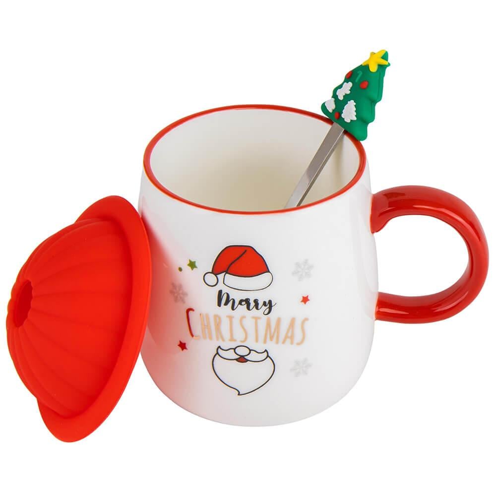 Новогодняя кружка для горячих напитков Ho ho ho с ложкой и крышкой Бело-красный (147-81-9151-024)