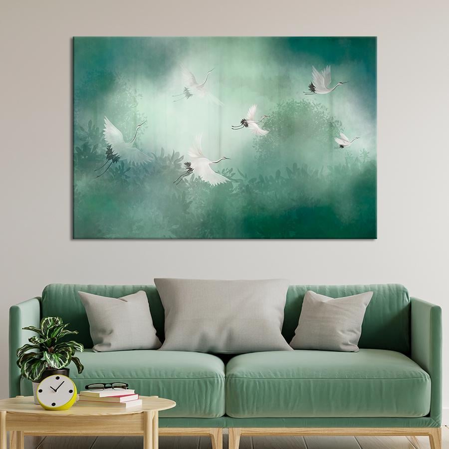 Картина на холсте Полет журавлей в туманном лесу 80x54 см (V286-1_L)