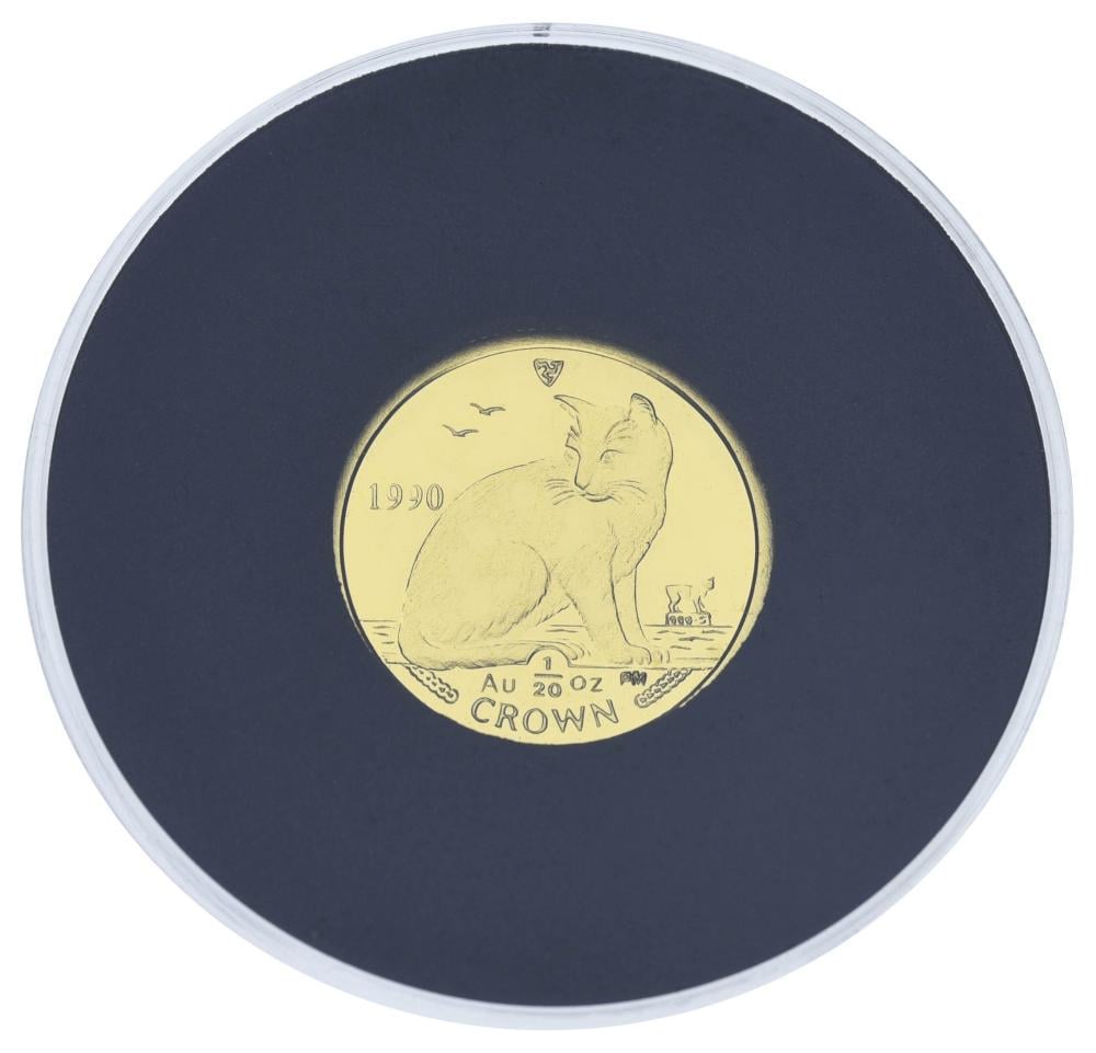 Коллекционная монета Остров Мэн 1 крона 1990/2008 золото Proof Кот Нью-йоркский аллейный кот 1/20 унции