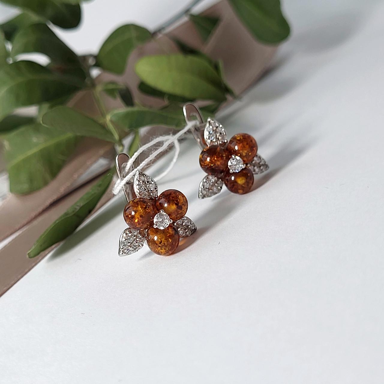 Серьги Цветок с янтарем из серебра 925 пробы 3,72 г (888)