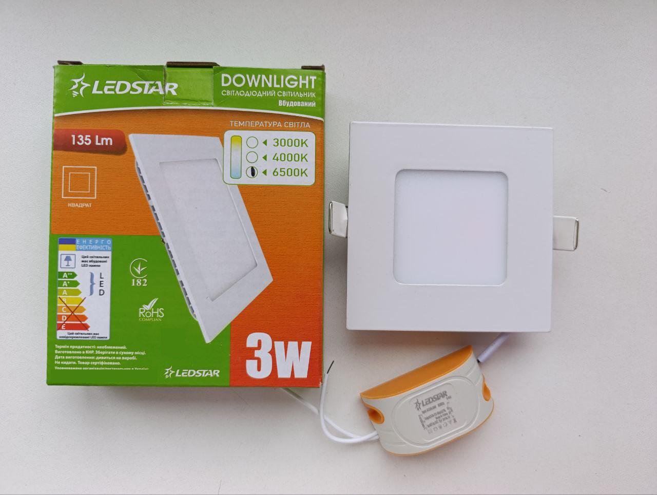 Світильник світлодіодний внутрішній квадрат 90 мм 3W 220V 6500К Білий холодний (31022629)