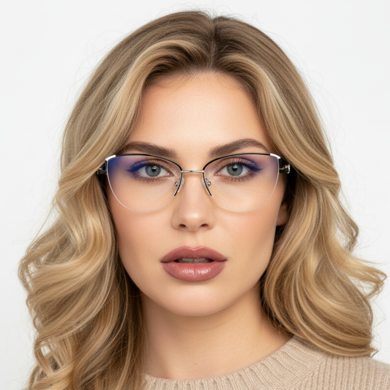 Очки женские компьютерные полуоправные в металлической оправе, линзы BlueBlocker С1 +3.75 (1167)