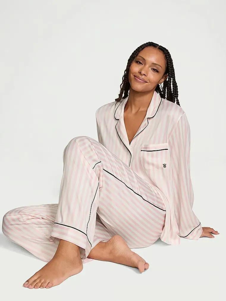 Піжама сорочка/штани сатинова Victoria's Secret Satin Long Pajama смужка Set Iconic Long M Рожевий (26930128)