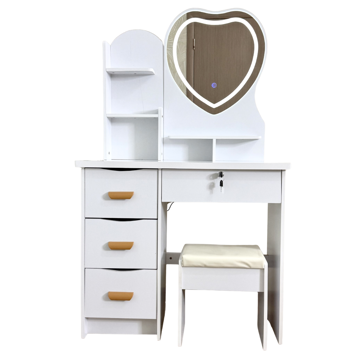 Туалетный столик с зеркалом в виде сердца с LED-подсветкой и пуфиком Белый (STLMD-85-White)