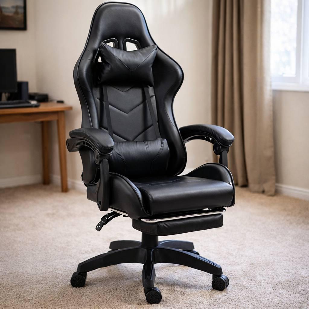 Кресло геймерское Gamery с массажной подушкой/подставкой для ног Черное (30534)