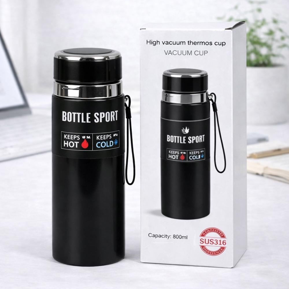 Термос вакуумний 124702 800 мл із нержавіючої сталі 316 із ситечком і ремінцем Чорний Термос вакуумний 124702 800 мл із нержавіючої сталі 316 із ситечком і ремінцем Чорний