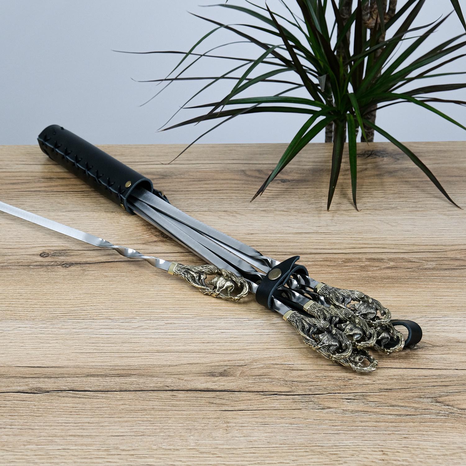 Шампуры Гранд Презент GPNSH70017 Кабан с декоративной резьбой из бронзы в кожаном колчане 6 шт. (24497)