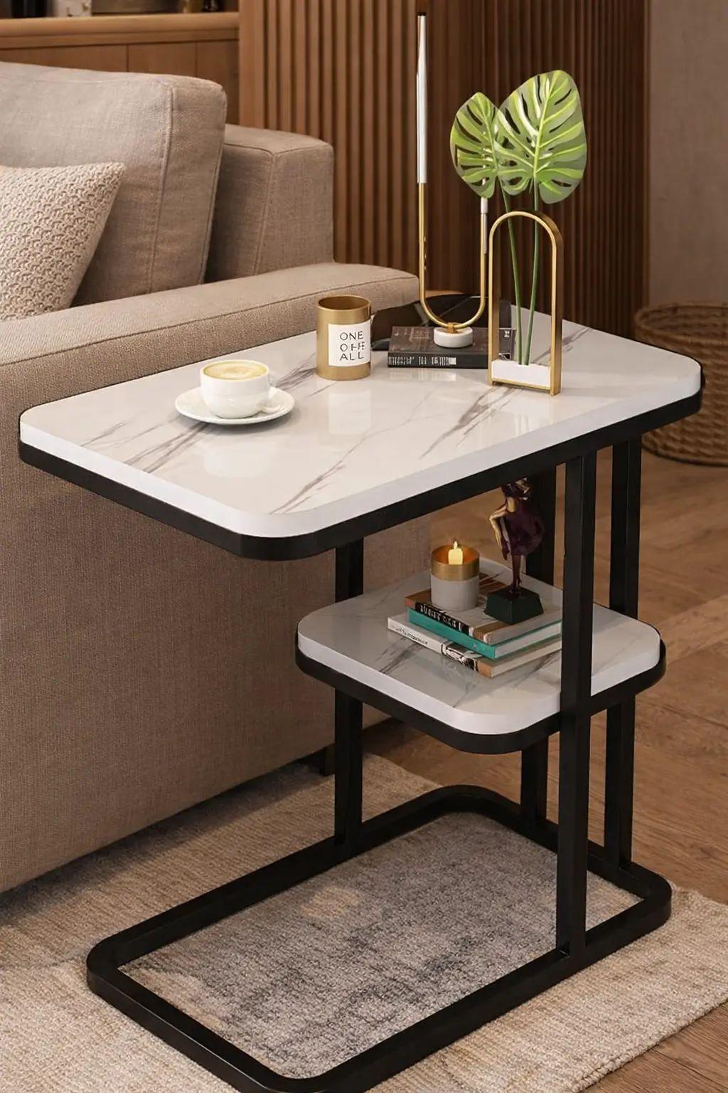Журнальный столик прикроватный с мраморным покрытием d ASH-5496 с нижней полкой 50х30х58 см Черный/Белый (opt-106112)