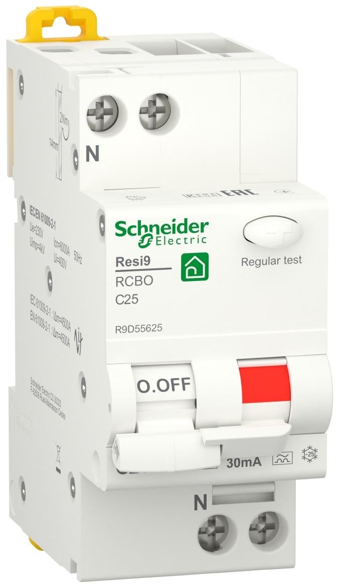 Диференційний вимикач Schneider Electric RESI9 1P+N 25A 30мA C тип А (R9D55625) - фото 1