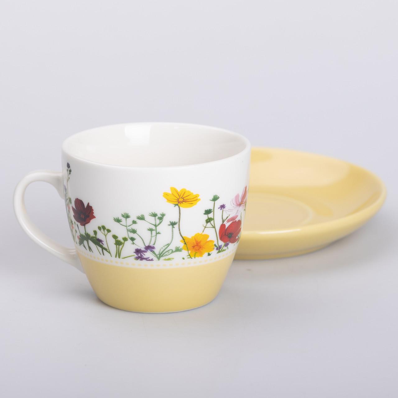 Чашка з блюдцем керамічна для чаю та кави 250 мл Жовтий (5757) - фото 4 Чашка з блюдцем керамічна для чаю та кави 250 мл Жовтий (5757) - фото 4