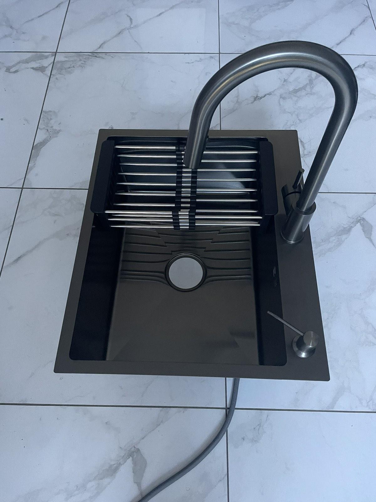 Мойка кухонная Lidz 6050 Черный/смеситель для кухни с выдвижным изливом Kroner PVD03915 - фото 9