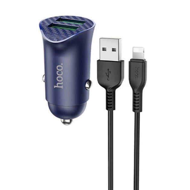 Адаптер автомобильный HOCO lightning cable Farsighted dual port QC3.0 car charger set Z39 |2USB, QC3.0, 3A/18W| blue - фото 5