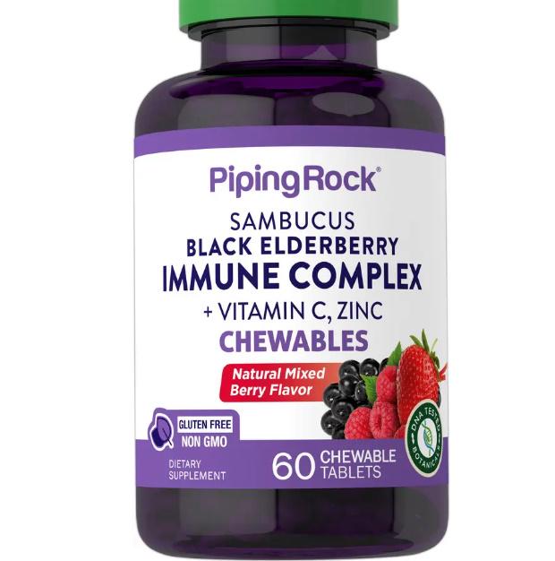 Бузина Piping Rock Sambucus Black Elderberry Immune Complex with C & Zinc 60 Chewable Tabs Berry