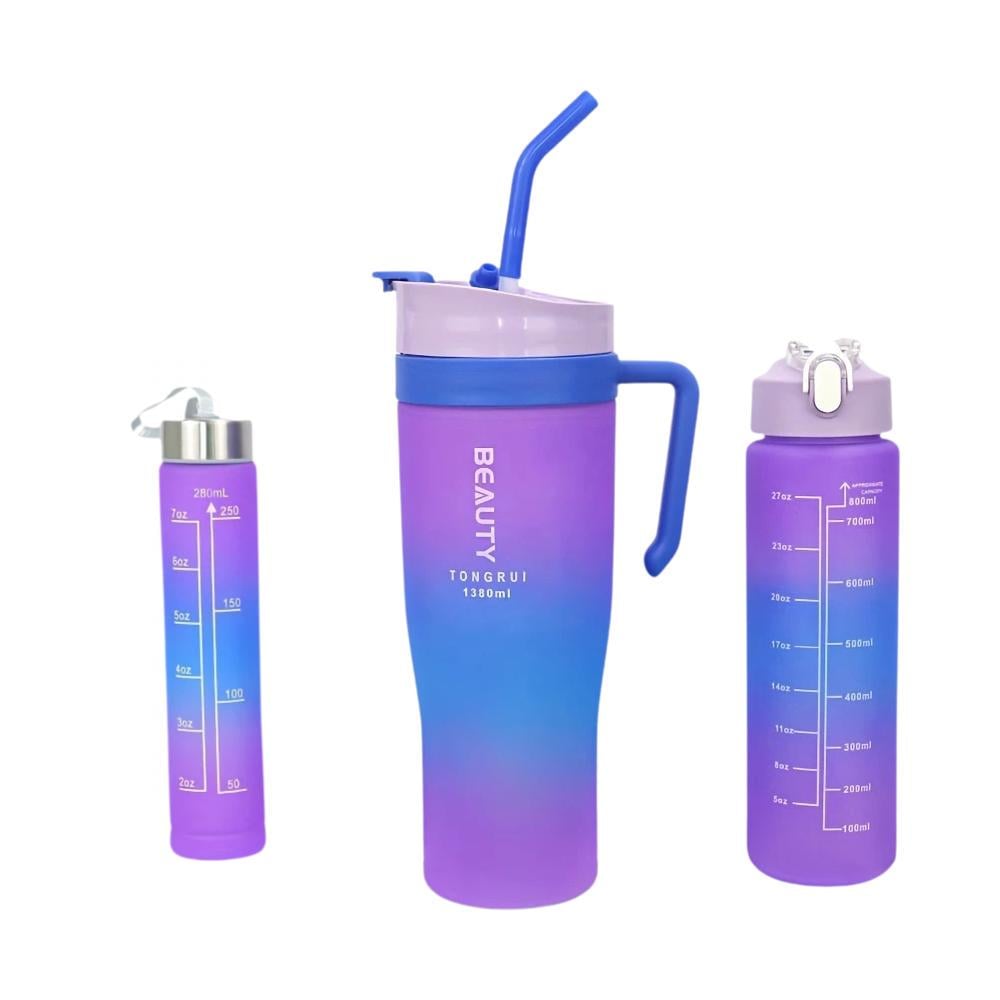 Набор спортивных бутылок для воды 3в1 с разметкой большой стакан с ручкой и трубочкой 1380/800/280 мл Фиолетовый/Синий (D-0069)