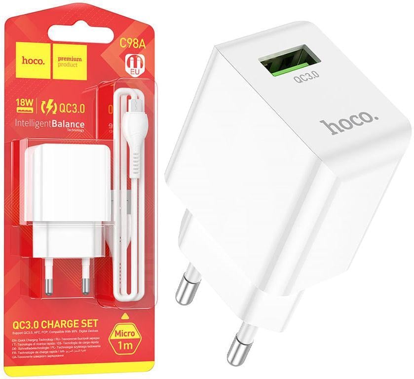 Зарядний пристрій швидкий Hoco C98A 18W QC3/microUSB кабель White (33582) Зарядний пристрій швидкий Hoco C98A 18W QC3/microUSB кабель White (33582)