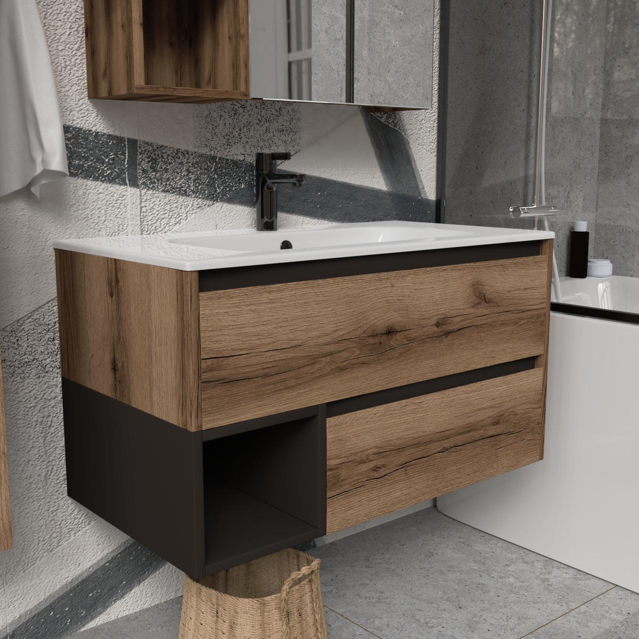 Тумба подвесная с раковиной MVK Vostok Craft 90 В2 900х450х530 мм Дуб темный (c290dt) - фото 2 Тумба подвесная с раковиной MVK Vostok Craft 90 В2 900х450х530 мм Дуб темный (c290dt) - фото 2