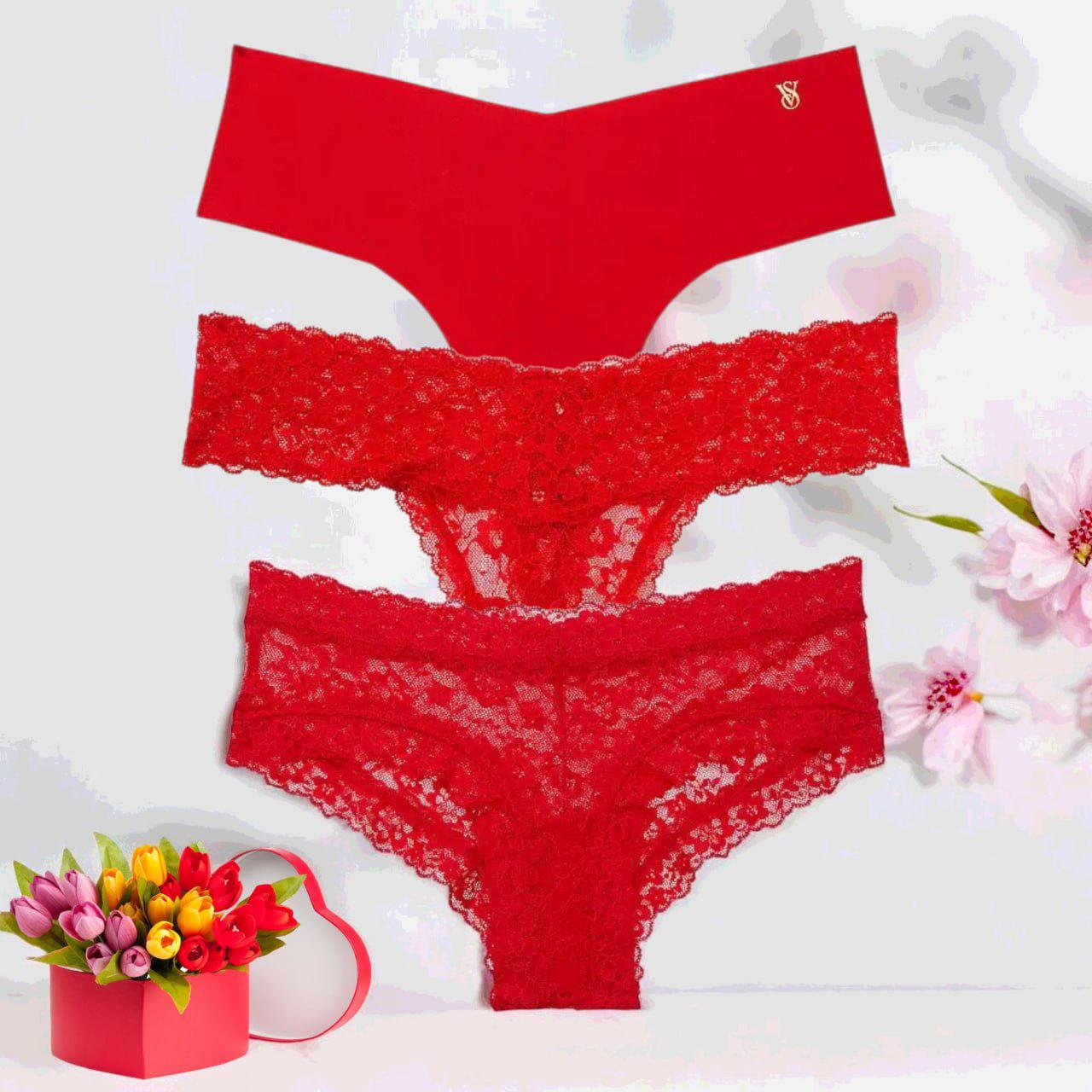 Набор трусиков Victoria's Secret Lace Cheeky Panty/ кружевные Thong Panty/бесшовные No-Show Thong S Красный (26852350)