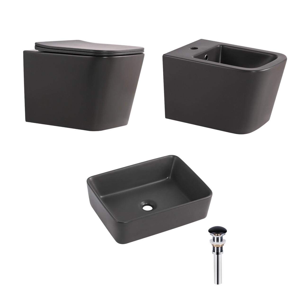 Комплект Qtap Tern 3 в 1 подвесной унитаз Ultra Quiet/биде подвесное/раковина накладная Anthracite (QTROBAN49157)