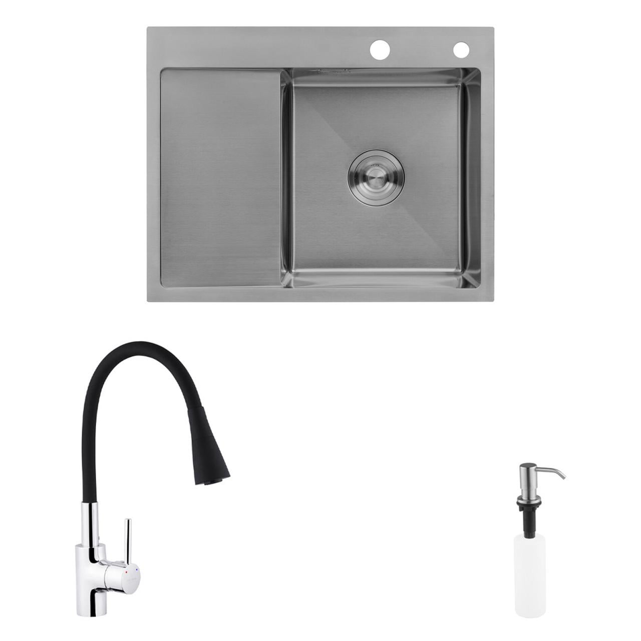 Комплект кухонная мойка Kroner Gebürstet-6350RHM/смеситель Küche-C031BLK/дозатор Spender-ECG049 (CVS30127)
