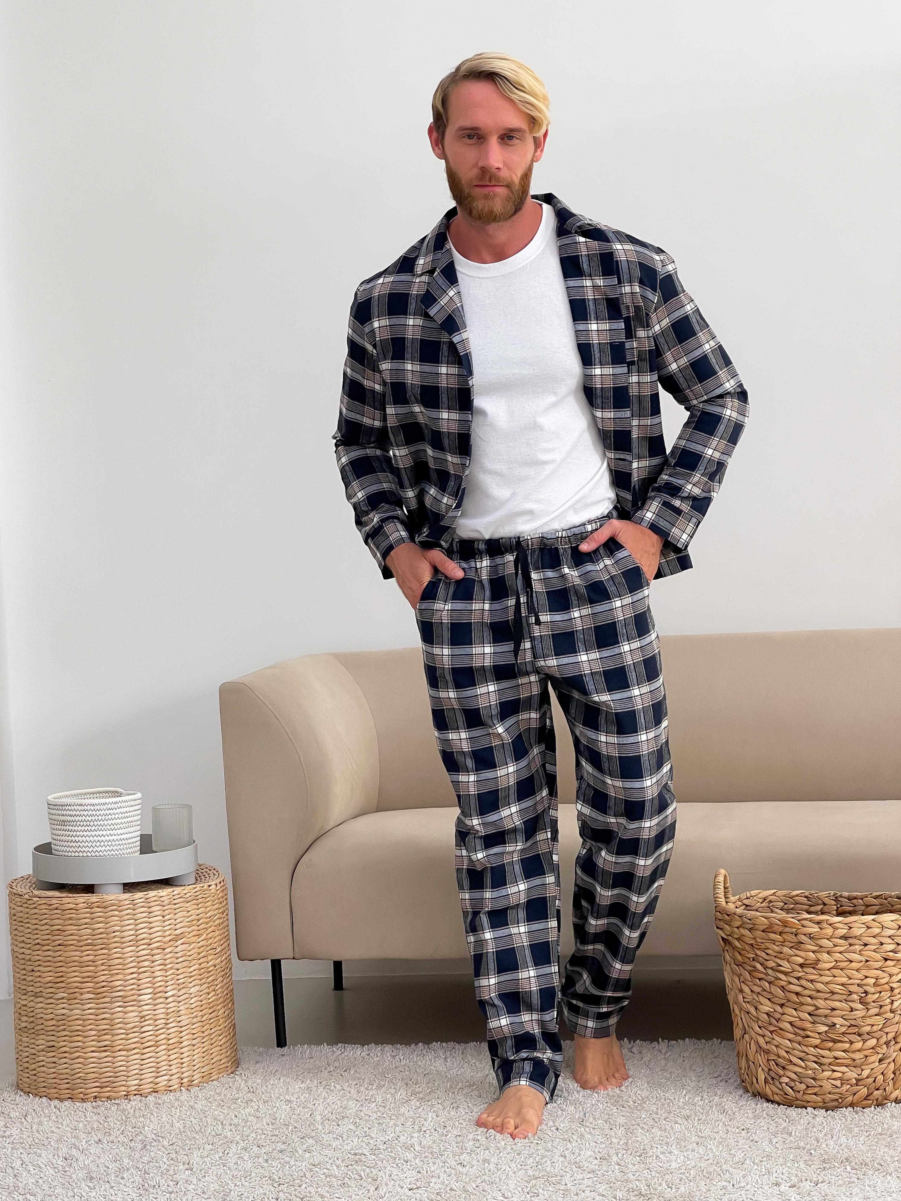Пижама мужская COSY брюки/футболка/рубашка с фланели 2XL Темно-синий/Бежевый/Белый (F501P+f01)