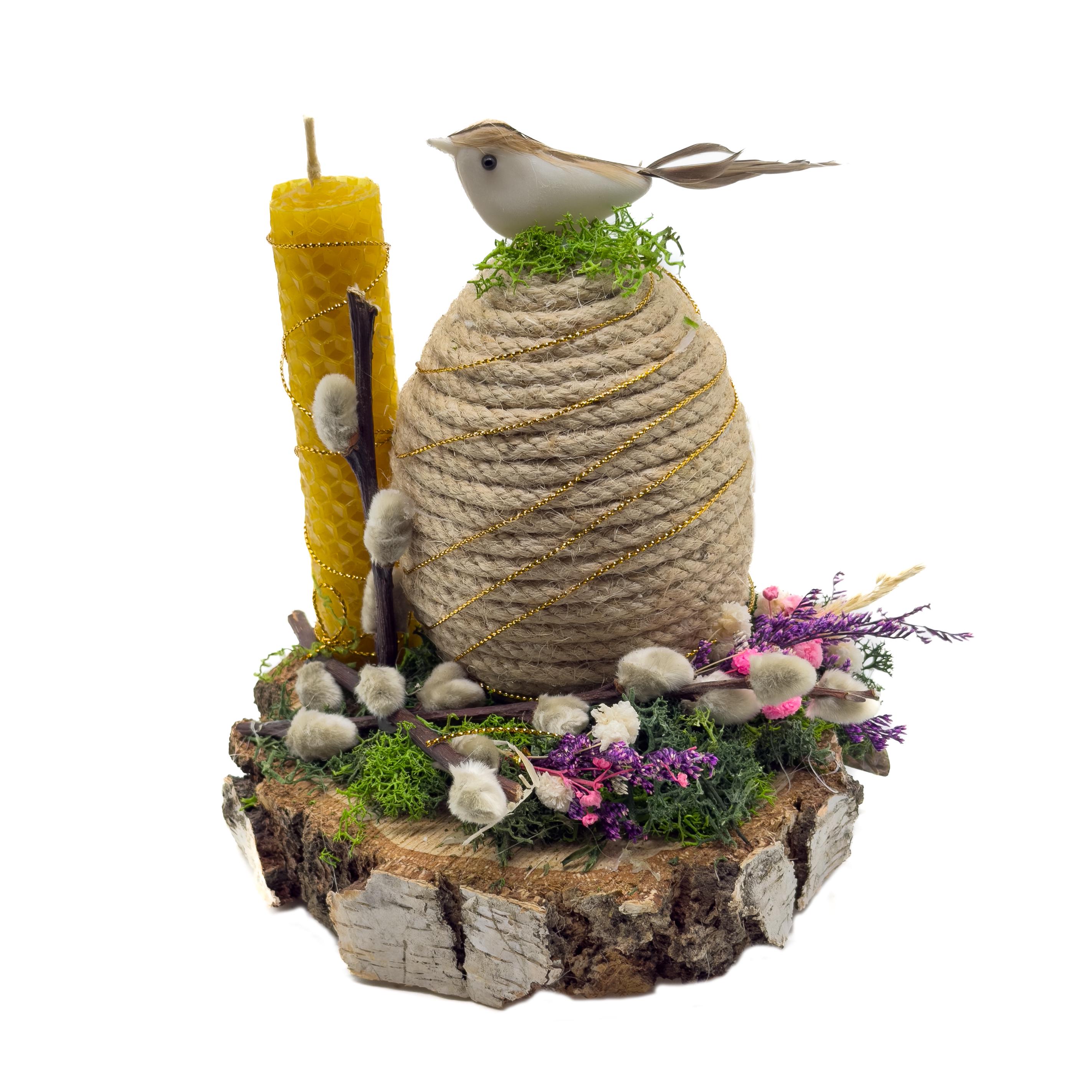 Пасхальная композиция GALA DECOR из искусственных цветов и пасхального яйца на натуральной основе с восковой свечой13х15 см