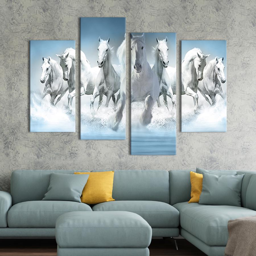 Модульная картина из четырех частей на холсте интерьерная картина Бегущие по воде кони 129x90 см (189-42)