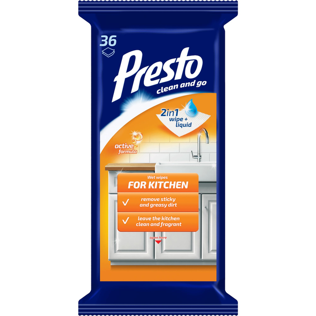 Серветки вологі для кухні 2 в 1 Presto Wet Wipes For Kitchen 2в1 36 шт.